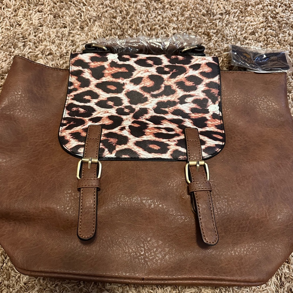 Leopard Print Brown Faux Leather Tote Bag/ Backpack combo-NWT